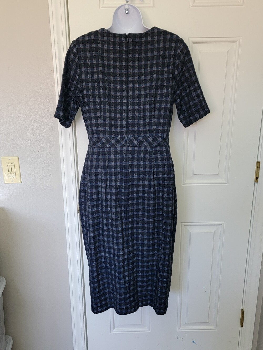 Banana Republic Blue Gray Plaid Tweed Sheath Slit Short Sleeve Midi Dress Sz 8 - Picture 7 of 12